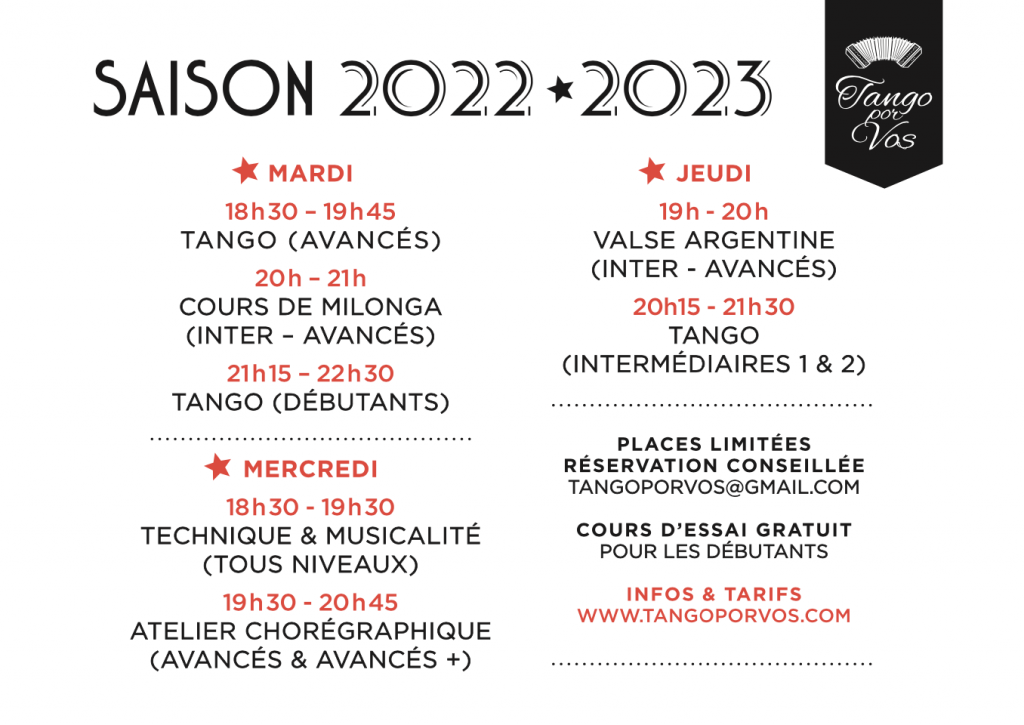 programme de la saison 2022 - 2023 chez TANGO POR VOS - Marseille